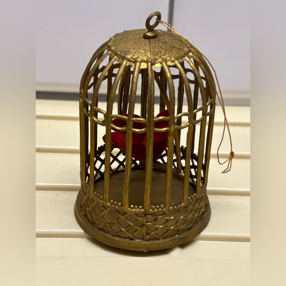Vintage Plastic Christmas Tree Ornament Red Bird In A Gold Birdcage Doubl Glo